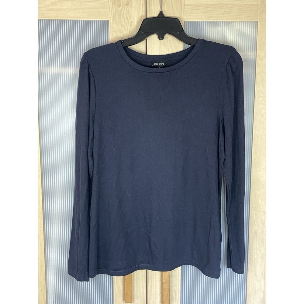 Well Worn Women's Navy Blue Waffle Knit Long-sleeve Top L Thermal Casual T-shirt